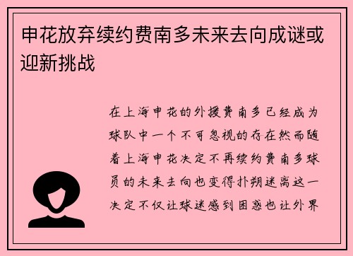申花放弃续约费南多未来去向成谜或迎新挑战