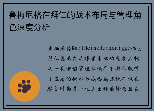 鲁梅尼格在拜仁的战术布局与管理角色深度分析 鲁梅尼格在拜仁的战术布局与管理角色深度分析